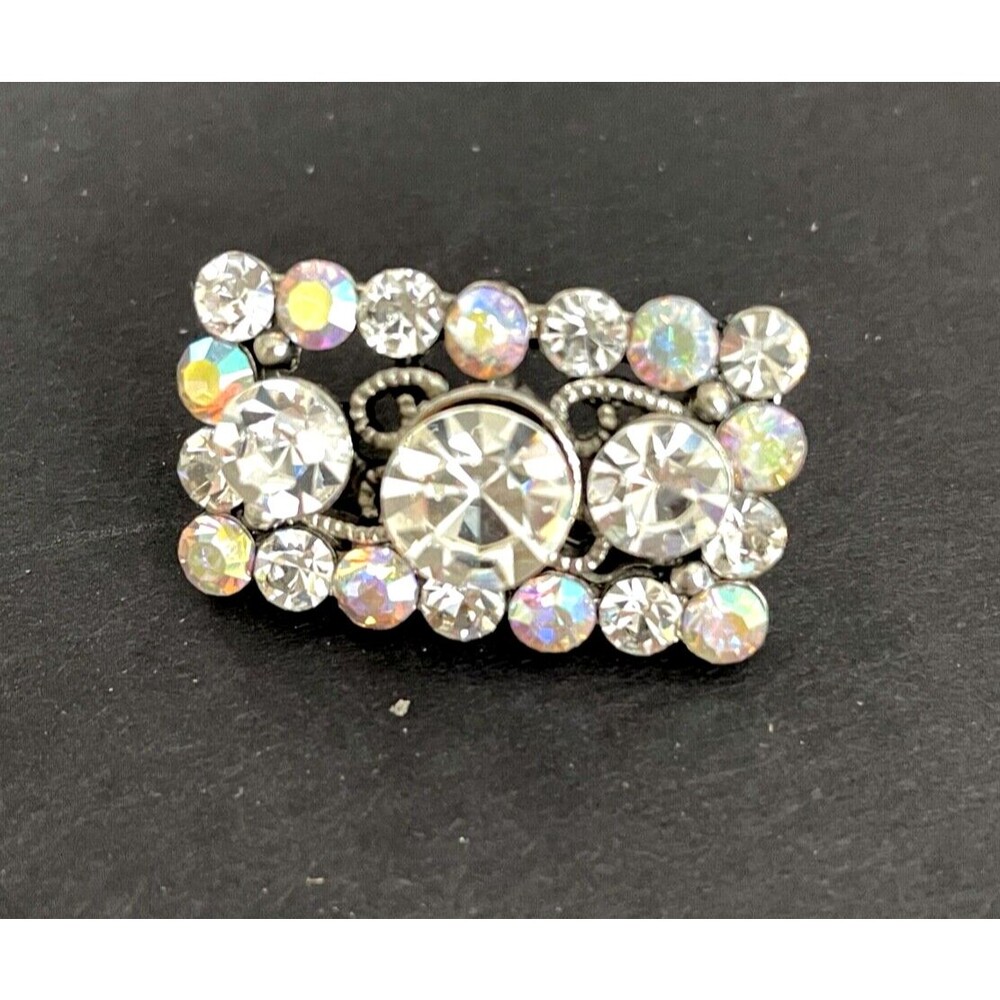 Large Rectangular Button Silver Tone Filagree w/Clear & Iridescent Rhinestones - Picture 10 of 13